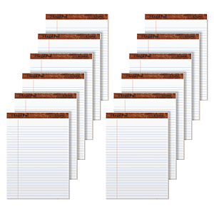 Stack of ten white legal pads with brown headers, featuring blue horizontal lines and a red vertical margin line.