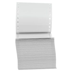 Stack of continuous form computer paper with perforated edges and holes, ideal for dot matrix printing.