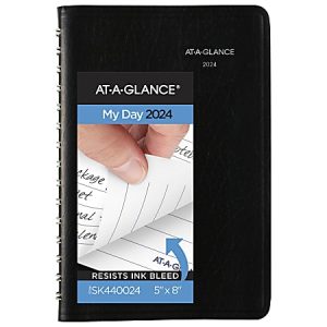 Black AT-A-GLANCE My Day 2024 planner showing spiral binding and ink-resistant lined pages, measuring 5" x 8".