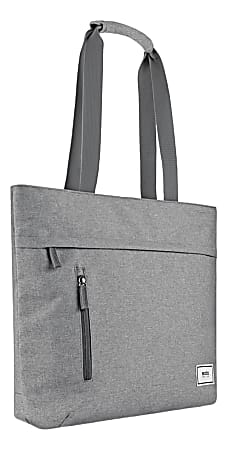 Gray fabric tote bag with a front zipper pocket and two long handles, featuring a small logo patch at the bottom corner.