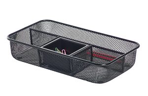 Black wire mesh desk organizer with compartments holding colorful paperclips and red rubber bands.