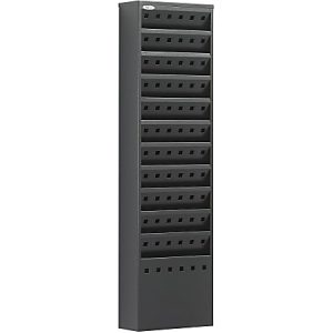 Tall black metal literature organizer with multiple slots for sorting documents.