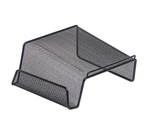 Black mesh letter sorter with three slanted compartments, designed for organizing documents on a desk.