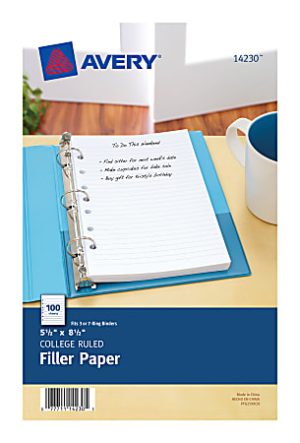 Avery filler paper pack with a blue binder and a white mug on a table. The paper is college ruled, 5.5" x 8.5".