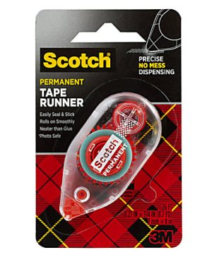 Scotch Permanent Tape Runner in packaging, featuring precise no-mess dispensing, easy seal and stick, photo safe.