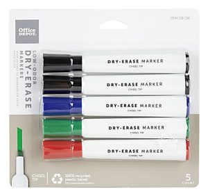 Pack of five Office Depot dry-erase markers in black, red, blue, green, and black, with chisel tips.