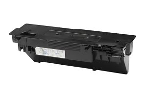 Black printer toner cartridge with label instructions on the side.