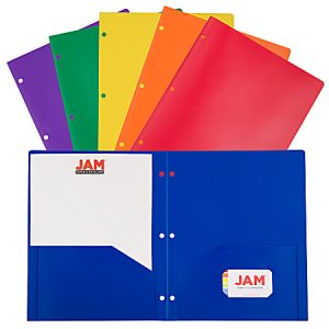 Colorful plastic folders in purple, green, yellow, orange, red, and blue with two pockets and JAM branding.