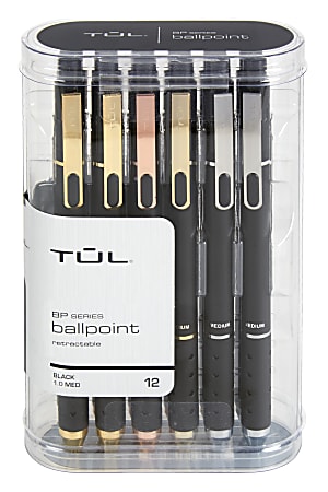 Pack of 12 TUL retractable ballpoint pens with assorted metallic clips in a clear case, labeled "BP series, black, medium.