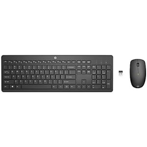 Wireless keyboard and mouse set with USB receiver, featuring a sleek black design and full QWERTY layout.
