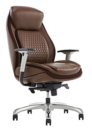 Brown leather office chair with quilted backrest, adjustable armrests, and a metal five-wheel base.