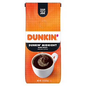 Dunkin' Midnight dark roast ground coffee bag with a cup of steaming coffee, orange and black packaging.