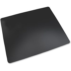 Black plastic chair mat with rounded corners on a white background.