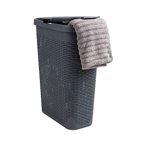 Dark grey woven laundry basket with a lid, featuring a folded grey towel draped over the side.