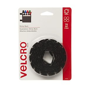 Velcro brand sticky back fasteners, black, 75 strips per pack, shown in retail packaging with illustrative usage.