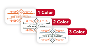 Three business card designs labeled 1 Color, 2 Color, and 3 Color, featuring patterns and "greetings from the Diaz family.