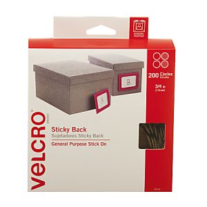 Velcro brand sticky back fasteners, 3/4 inch circles, 200 count, in a red and white package with product images.