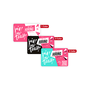 Three colorful "Join Our Team" hiring banners, each with different color schemes and a QR code for more information.