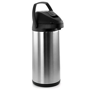 Stainless steel airpot with a black lid and handle, designed for dispensing hot beverages, isolated on a white background.