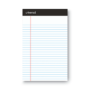 White lined notepad with a black top edge and blue horizontal lines, featuring a red vertical margin line on the left.