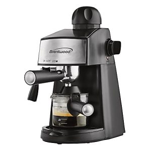 Black Brentwood espresso machine with a stainless steel front, spout, and glass carafe on a black base.