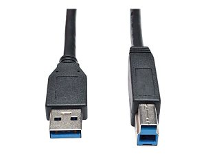 Black USB 3.0 cable with Type A connector on the left and Type B connector on the right, isolated on white background.