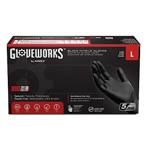 Box of Gloveworks black nitrile gloves, size large, textured, powder-free, non-medical, 100 count, 5 mil thickness.