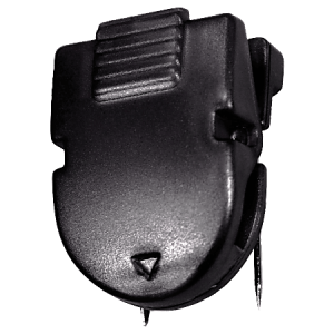 Black retractable badge clip with a belt clip and two small metal prongs for attachment.