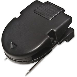 Black plastic staple remover with a ergonomic grip and metal teeth, designed for easily extracting staples from paper.