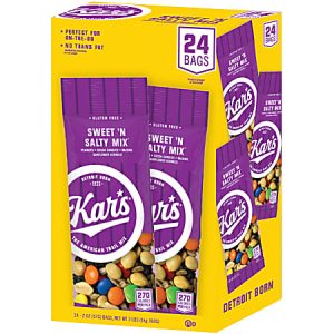 Box of Kar's Sweet 'N Salty Mix with 24 bags, featuring a purple design and highlighting gluten-free and no trans fat.