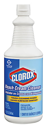 Clorox Bleach Cream Cleanser bottle with a blue label, features cleaning power and sanitation benefits. 1 quart / 946 mL size.