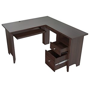L-shaped wooden desk with a pull-out keyboard tray and two open drawers, suitable for office or home workspace.