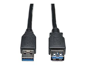 Two USB 3.0 cables, male and female connectors, with black casings and blue internal plastic, on a white background.