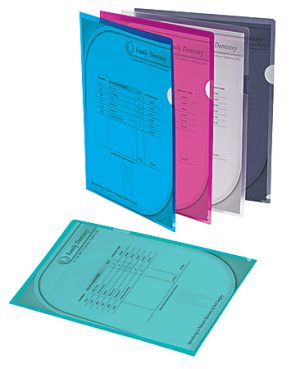 Set of five dental records folders in blue, pink, white, and gray, featuring a "Family Dentistry" design and payment details.