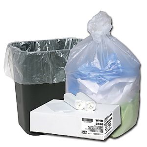 Black trash bin with liner, a full tied garbage bag, and a box containing extra trash bags in rolls.