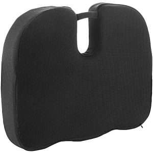 Black memory foam seat cushion with a U-shaped cutout for ergonomic comfort and support.