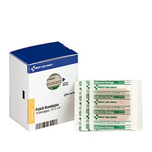 Box of First Aid Only patch bandages with one open bandage pack showing green text and adhesive sections.