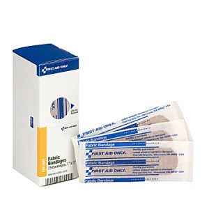 Box of First Aid Only fabric bandages with several opened bandages displayed in front.