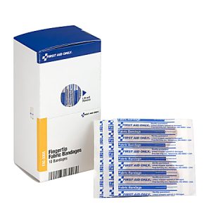 Box of fingertip fabric bandages with 10 bandages displayed outside, labeled "First Aid Only.