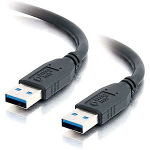 Two black USB 3.0 cables with standard connectors on a white background, showcasing their blue inner pins.