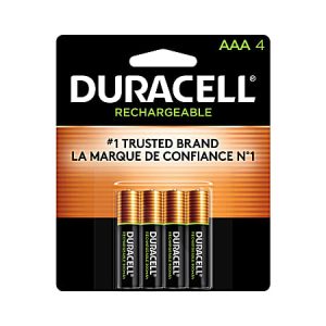Pack of four Duracell AAA rechargeable batteries with black and copper design and labeling in English and French.