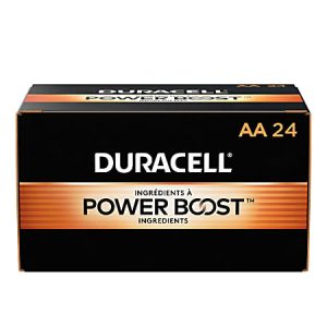 Duracell AA 24-pack batteries box with Power Boost ingredients, black and gold packaging.