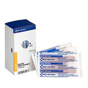 Box of knuckle fabric bandages with three individual bandages displayed, labeled "First Aid Only.