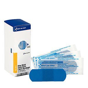 Blue metal detectable fabric bandages and box with "First Aid Only" branding, designed for easy identification in workplaces.