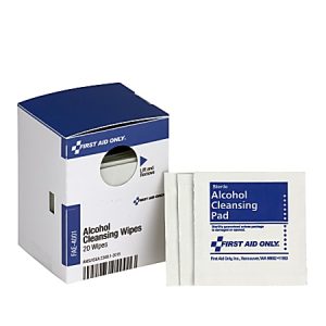 Box and packet of First Aid Only alcohol cleansing wipes, with blue and white packaging, containing 20 sterile wipes.