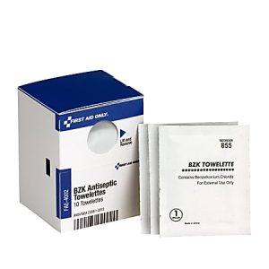 Box of 10 First Aid Only antiseptic towelettes and several packeted wipes, containing benzalkonium chloride for external use.