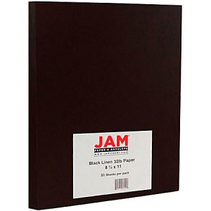 Pack of JAM Paper black linen 32lb paper, size 8.5x11 inches, 50 sheets.