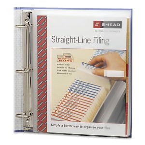 Smead Straight-Line Filing system displayed in a binder with a hand organizing labeled file tabs.