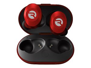 Red wireless earbuds in an open charging case, featuring a distinct logo on each bud and a sleek black interior.