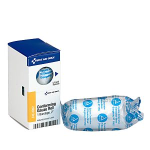 Box and wrapped conforming gauze roll labeled "First Aid Only.